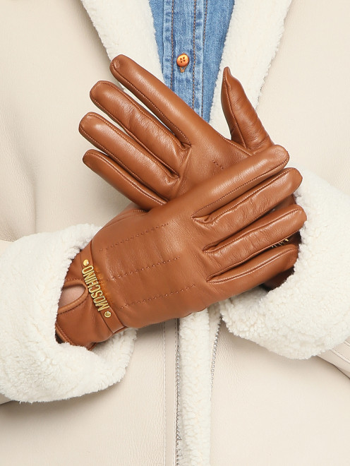 Перчатки из гладкой кожи с логотипом Moschino - МодельОбщийВид